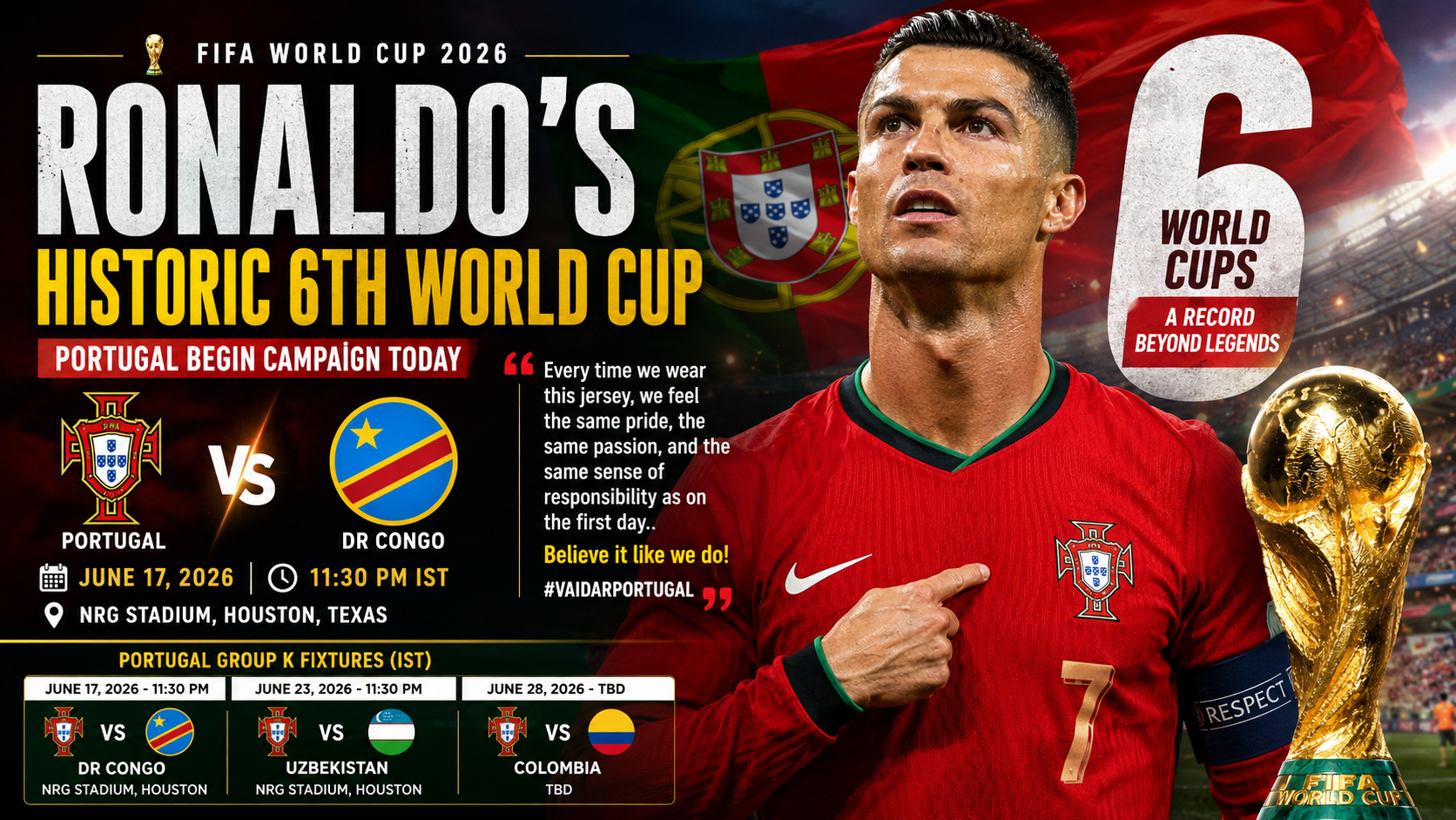 Cristiano Ronaldo Begins Historic 6th FIFA World Cup Today as Portugal Face DR Congo in Group K Opener