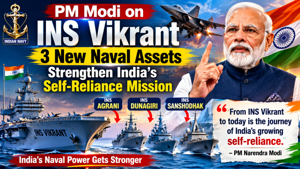 PM Modi on INS Vikrant as he praises INS Agrani, INS Dunagiri and INS Sanshodhak for strengthening India's self-reliance mission.